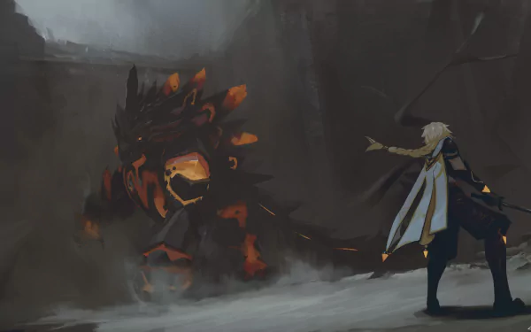 Aether from Genshin Impact faces a fiery, shadowy creature in a dark, misty environment. This 4K Ultra HD PC desktop wallpaper captures an intense moment from the video game.