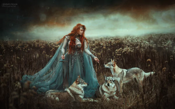 czechoslovakian wolfdog wolf redhead long hair sword woman model HD Desktop Wallpaper | Background Image