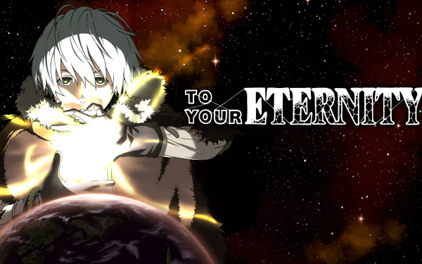 Fushi (To Your Eternity) anime character reaches toward a glowing planet under a starry sky in a dramatic To Your Eternity 2K Quad HD PC desktop wallpaper background.