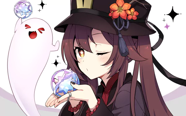 HD desktop wallpaper featuring Hu Tao from the video game Genshin Impact, holding a crystal orb with a playful ghost beside her. Hu Tao is winking, adding a whimsical touch to the image.