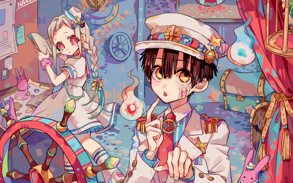 A vibrant 4K Ultra HD wallpaper featuring Yashiro Nene and Hanako-kun from the anime Jibaku Shounen Hanako-kun, set in a whimsical, colorful environment.