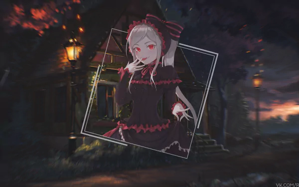 4K Ultra HD anime desktop wallpaper featuring Shalltear Bloodfallen from Overlord in a picture-in-picture style against a dark, eerie background.