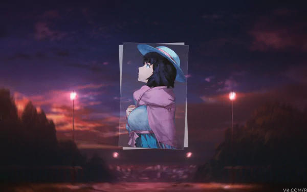 Picture-in-picture 4K Ultra HD PC desktop wallpaper of anime character Mayuri Shiina from Steins;Gate: she gazes upward in a hat and pink hoodie against a moody lakeside night sky.