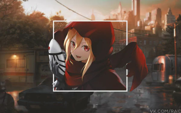 HD PC desktop wallpaper featuring Evileye from Overlord in anime style, with a picture-in-picture effect highlighting the character against a moody urban sunset backdrop.