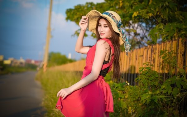 Women Asian Model Brunette Long Hair Depth Of Field Hat Red Dress HD Wallpaper | Background Image