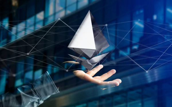 HD desktop wallpaper featuring a floating Ethereum logo above a hand with digital connections, symbolizing cryptocurrency.