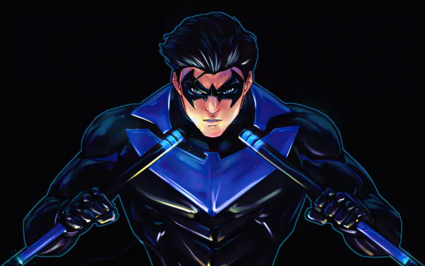 Nightwing (Dick Grayson, DC Comics) in black-and-blue suit grips escrima sticks, glaring forward against a dark background — 4K Ultra HD PC desktop wallpaper.