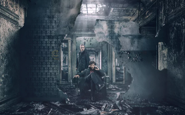 HD desktop wallpaper of the TV show Sherlock, featuring Sherlock Holmes and John Watson in a dilapidated room with dark tones, portraying a scene from the series starring Benedict Cumberbatch.