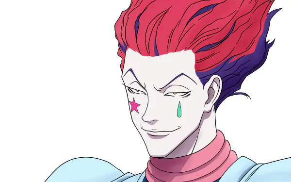 Hisoka (Hunter × Hunter) anime 2K Quad HD PC desktop wallpaper showing him smirking, star and teardrop face paint, red-purple hair against a white background.