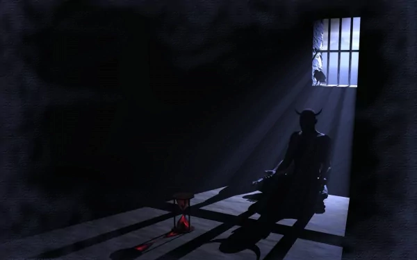 A dark scene featuring a horned devil sitting in shadow, with rays of light illuminating a raven near a barred window, creating a haunting, atmospheric wallpaper.