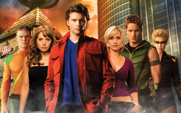 HD wallpaper featuring key characters from the TV show Smallville, including Clark Kent and Chloe Sullivan, set against a vibrant, heroic backdrop.