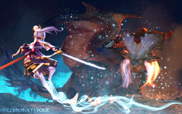 HD desktop wallpaper featuring Kamisato Ayaka from Genshin Impact, wielding a sword against a fiery dragon in a dynamic battle scene.