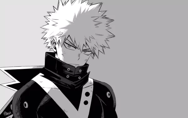 Katsuki Bakugou from My Hero Academia in a striking black and white 4K Ultra HD anime wallpaper for PC desktop backgrounds.