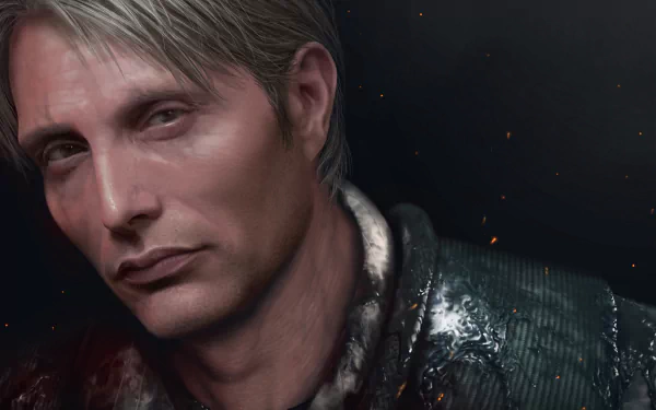 Close-up of a solemn male character from the video game Death Stranding, rendered as an HD PC desktop wallpaper and background with cinematic lighting and subtle sparks.