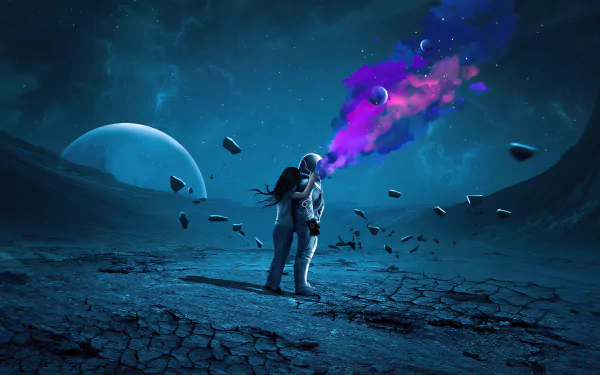 A sci-fi astronaut stands on a cracked alien landscape under a starry sky, releasing vibrant purple smoke, captured in stunning 4K Ultra HD detail for PC desktop wallpaper.
