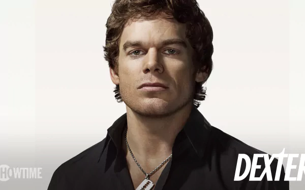 HD PC desktop wallpaper showing Dexter Morgan (TV show Dexter) — close-up of a serious man in a dark shirt with a dog-tag necklace and the Dexter logo in the corner.