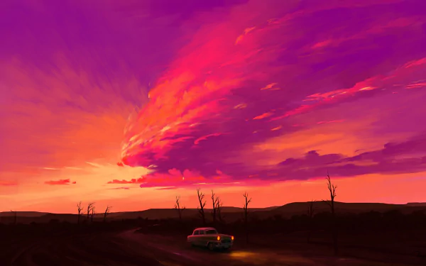A vibrant artistic HD desktop wallpaper of an old car on a landscape under dramatic clouds and a fiery sunset sky.