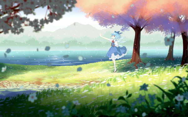 Cirno (Touhou) in anime style stands by a sunlit lakeshore beneath blooming trees in a vivid 8K Ultra HD PC desktop wallpaper background.