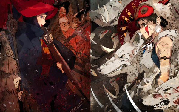HD PC desktop wallpaper featuring Princess Mononoke in a dynamic anime style, showcasing the fierce warrior with tribal markings and a wolf companion.