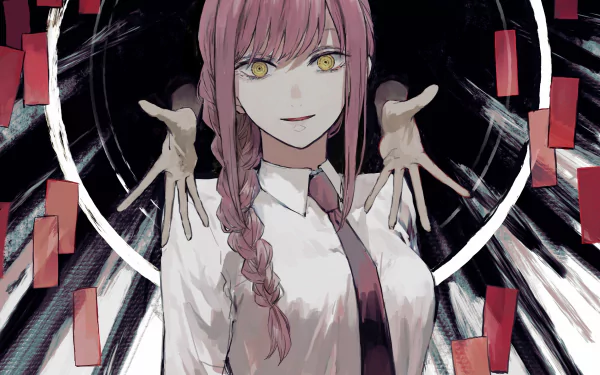 HD PC desktop wallpaper featuring Makima from the anime Chainsaw Man, showcasing her with intense yellow eyes, braided hair, and mysterious red paper tags floating around.