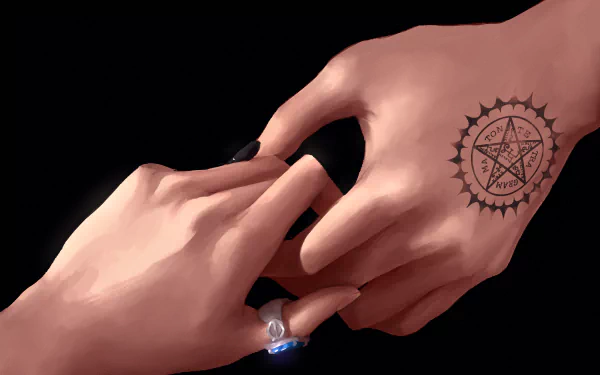 Close-up of two hands touching, one with a pentagram tattoo and the other wearing a blue ring, inspired by Sebastian Michaelis and Ciel Phantomhive from the anime Black Butler.