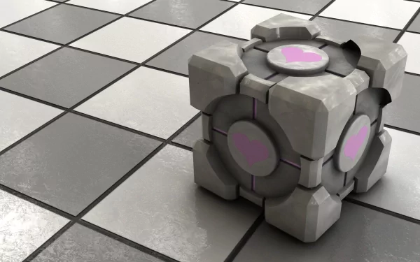HD PC desktop wallpaper featuring the Companion Cube from the Portal video game, displayed on a reflective, tiled surface with detailed textures and lighting.
