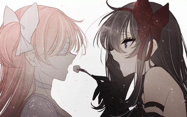 2K anime desktop wallpaper: Homura Akuma/Homura Akemi faces Madoka Kaname/Ultimate Madoka — dark-haired Homura with red bow confronts pale pink-haired Madoka in a Puella Magi Madoka Magica scene.