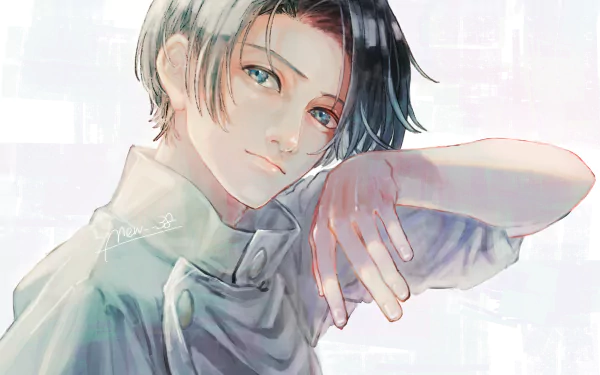 4K Ultra HD PC wallpaper of Yuta Okkotsu (Jujutsu Kaisen): soft pastel close-up, teal eyes, dark tousled hair, relaxed pose with hand near face against a light textured background.