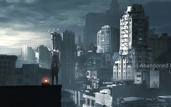 4K Ultra HD anime cityscape wallpaper featuring a lone figure overlooking a dense, futuristic urban skyline under a moody sky.