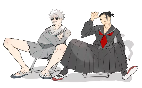 HD PC desktop wallpaper featuring anime characters Satoru Gojo and Suguru Geto from Jujutsu Kaisen, depicted in casual school uniforms with relaxed poses.