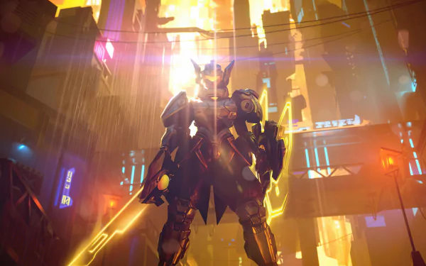 5K Ultra HD PC desktop wallpaper of League of Legends' Leona in glowing golden mech armor, standing with sword in a neon cyberpunk city backlit by a blazing sun.