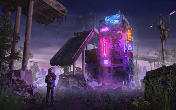 A 4K Ultra HD sci-fi post-apocalyptic scene depicting a lone figure facing a neon-lit, dilapidated building amidst ruins under a moody purple sky.