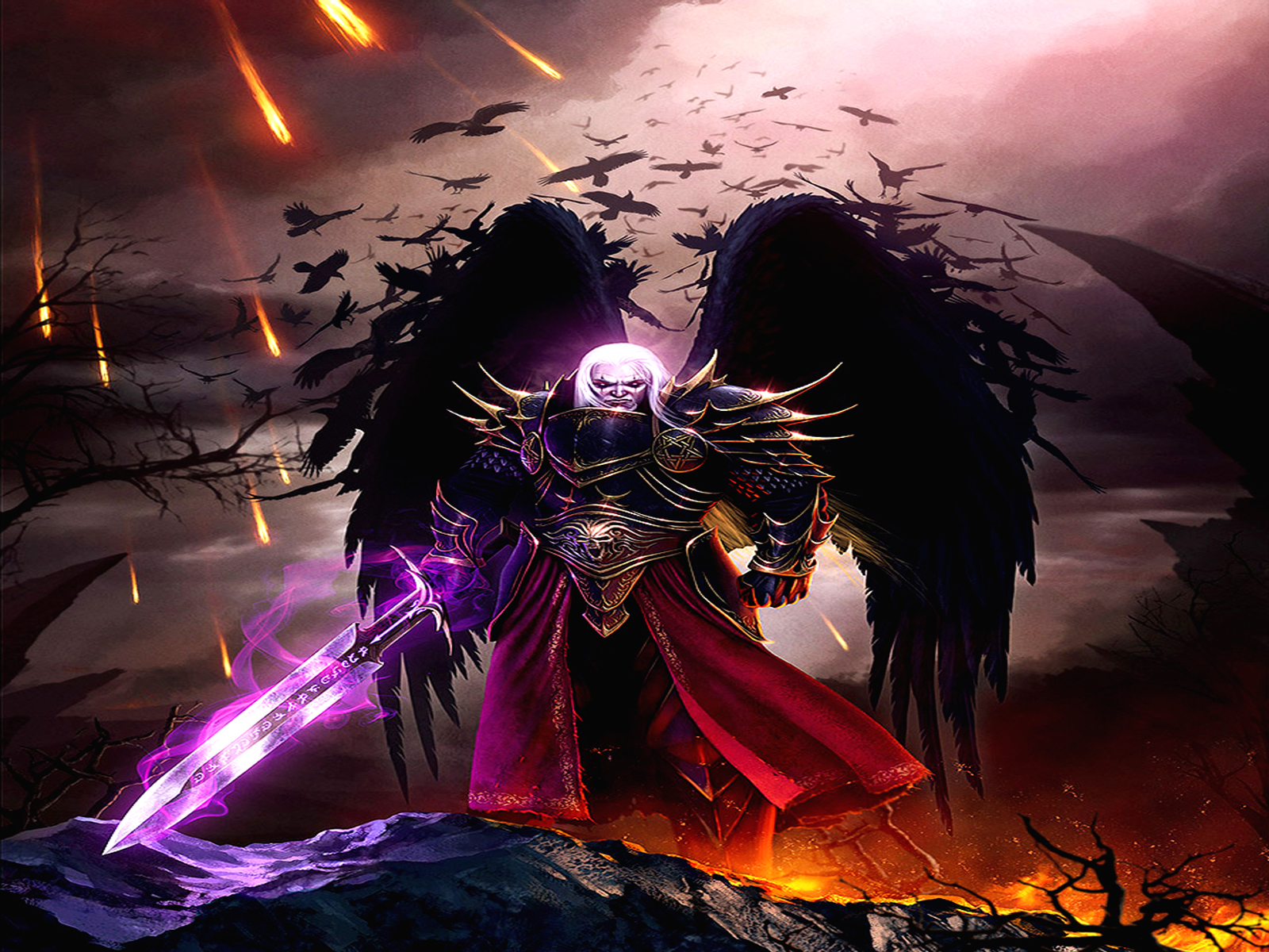 Archangel Michael descending & fighting with demons illustration.