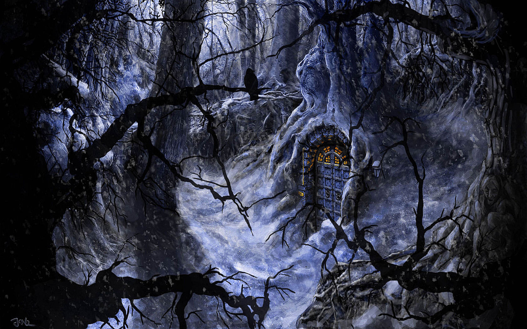 In The Forest: Artistic fantasy scene with a dark forest, snowy landscape, a door, and a bird.