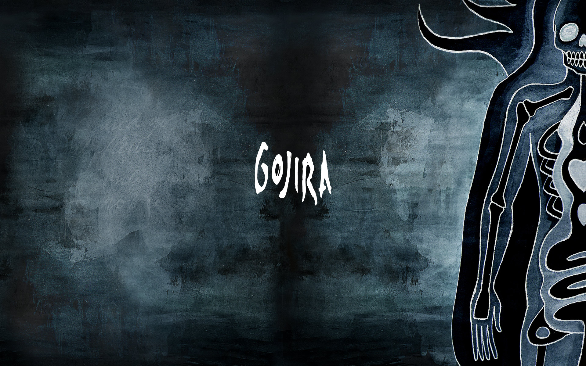 HD desktop wallpaper with an artistic dark representation of Gojira featuring abstract imagery and the band's name in white.