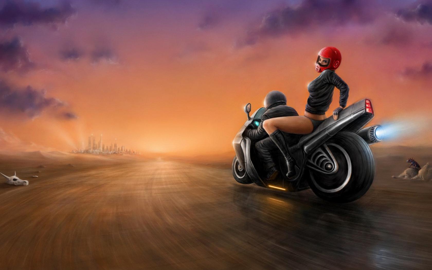 8K Motorbike Street Race Sunset Digital Art Wallpaper 2380g