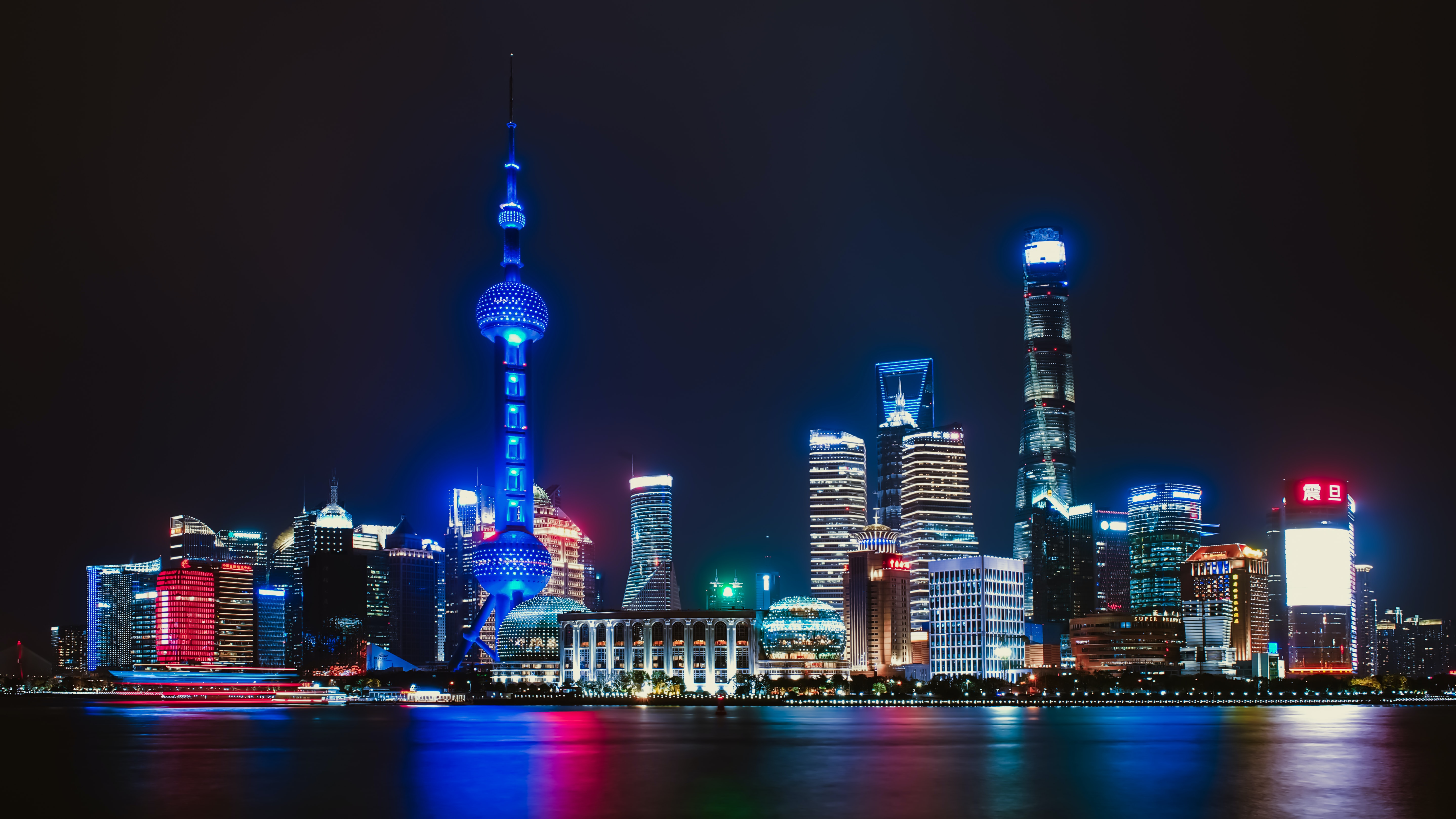 Download Night Skyline City Oriental Pearl Tower Skyscraper Man Made