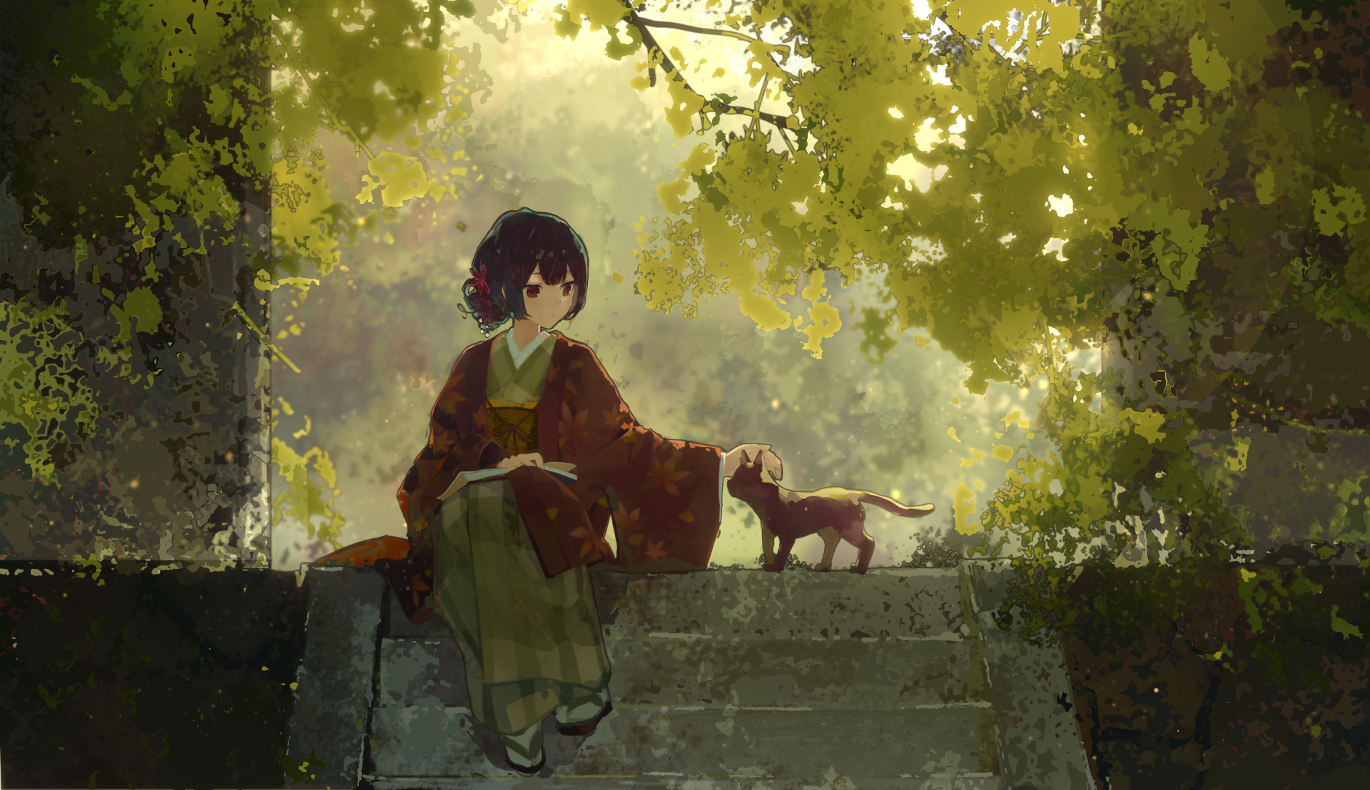 Anime-style 4K Ultra HD wallpaper featuring Rinze Morino from The iDOLM@STER: Shiny Colors sitting on stone steps with a cat in a sunlit forest setting.