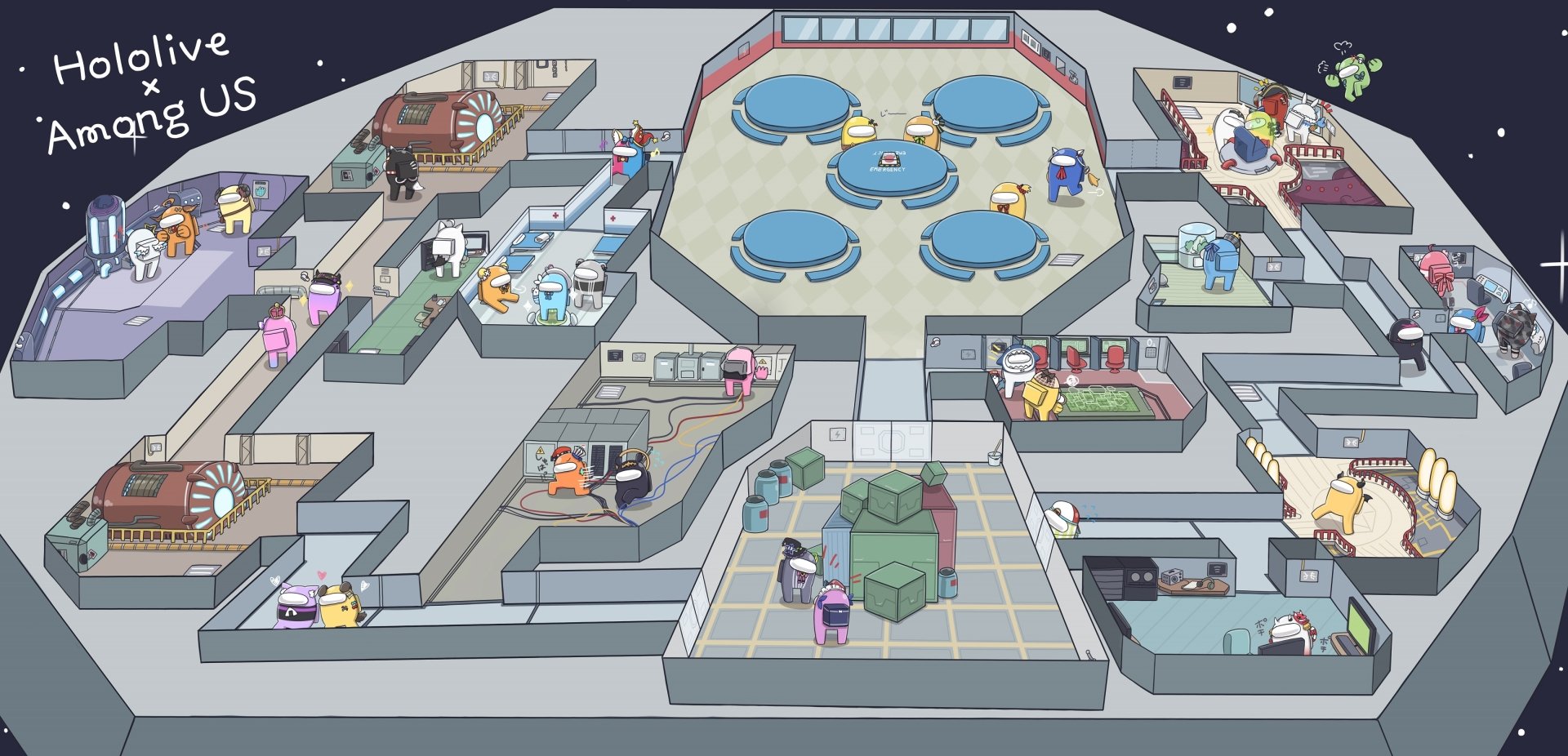 Among Us × hololive crossover: Virtual Youtuber–styled crewmates explore a detailed spaceship map, rendered as a 2K Quad HD PC desktop wallpaper/background.