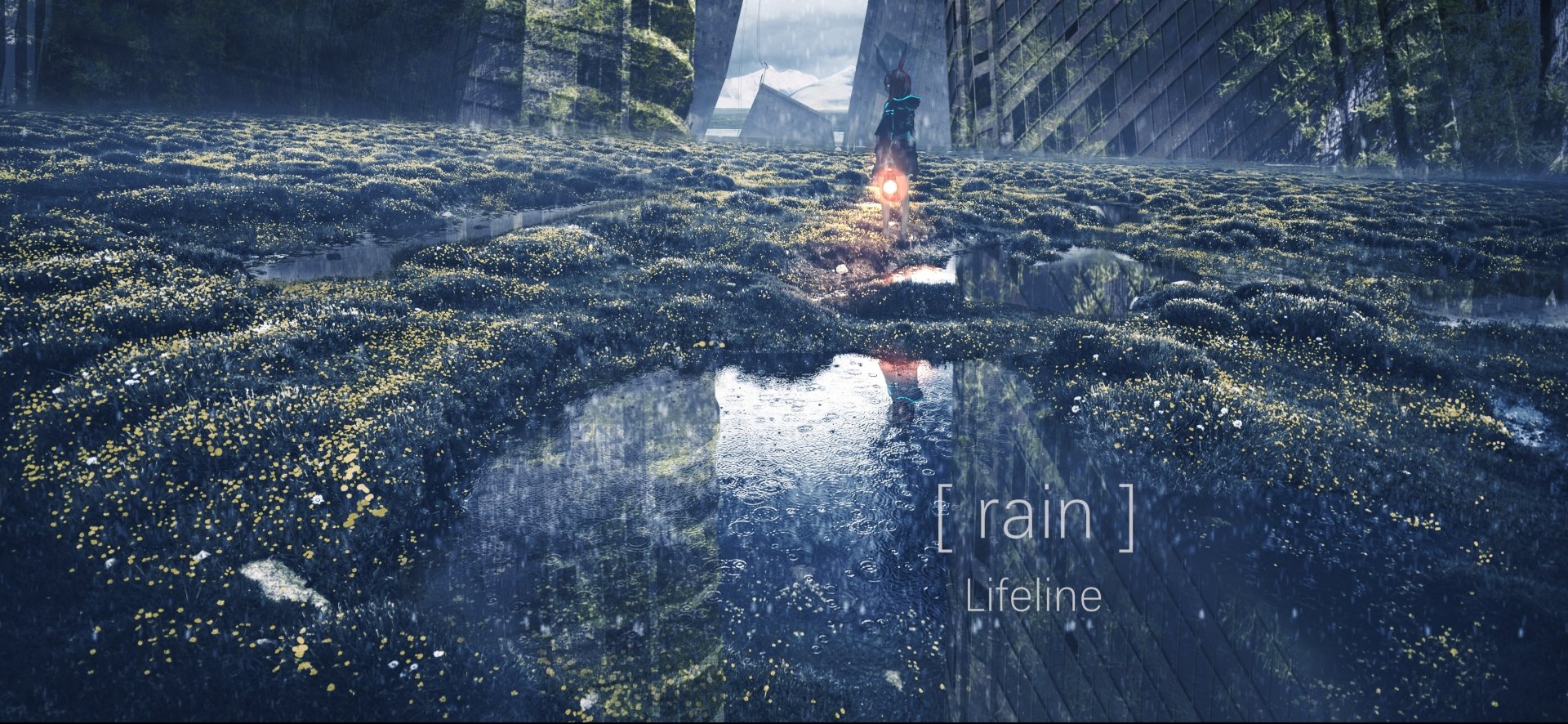 HD PC desktop wallpaper of Amiya from Arknights, featuring a serene water scene with reflective puddles under a cloudy sky.