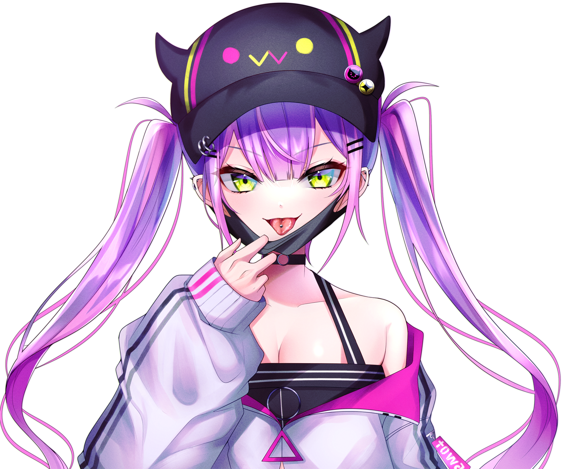 HD anime PC wallpaper featuring Tokoyami Towa, a Virtual YouTuber from Hololive, with vibrant purple hair, striking yellow eyes, and a playful expression.