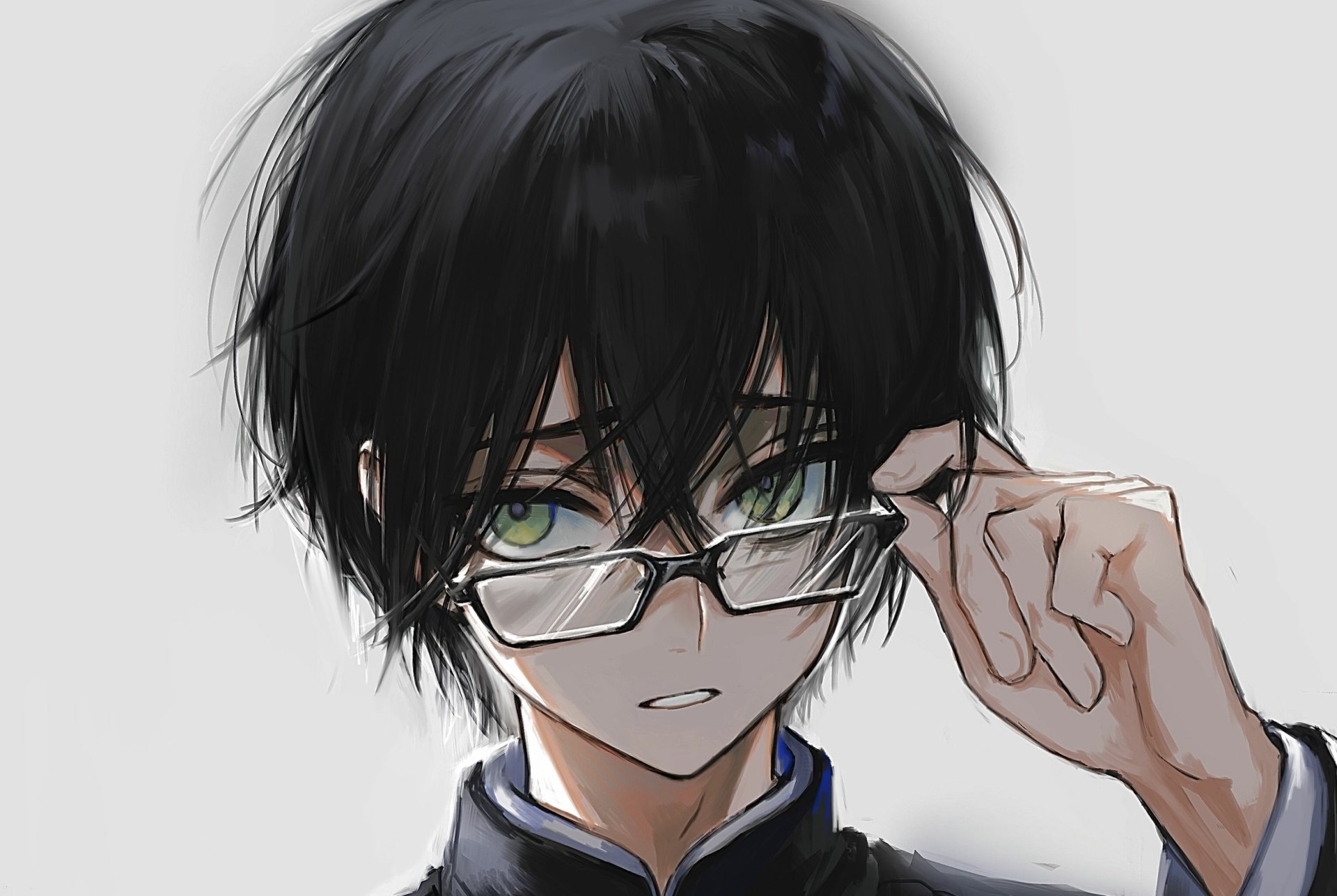 Anime boy with messy black hair and green eyes adjusting his glasses against a pale backdrop — 2K Quad HD PC desktop wallpaper.