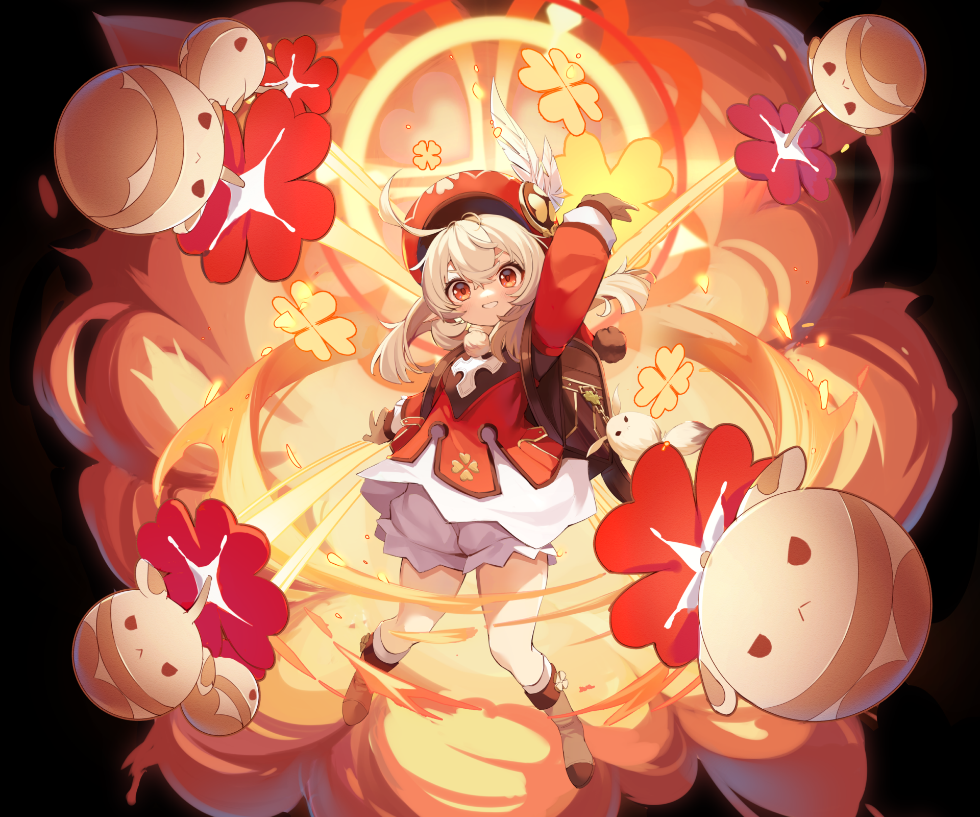 HD PC desktop wallpaper featuring Klee from the video game Genshin Impact surrounded by glowing, whimsical shapes and her signature Explosive Puppets.