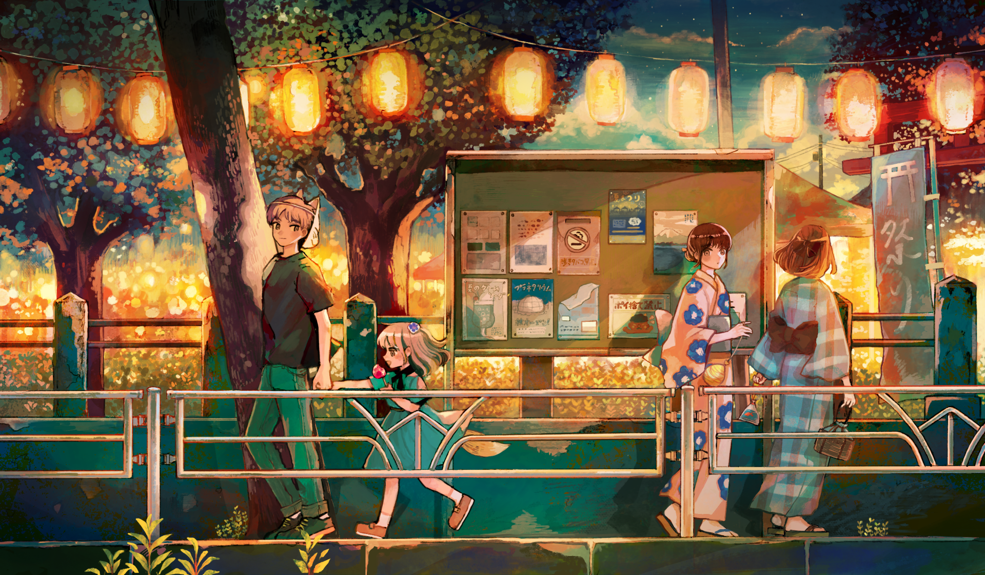 Anime summer scene featuring a girl in a yukata walking along a lantern-lit street, captured in vibrant HD for a PC desktop wallpaper and background.