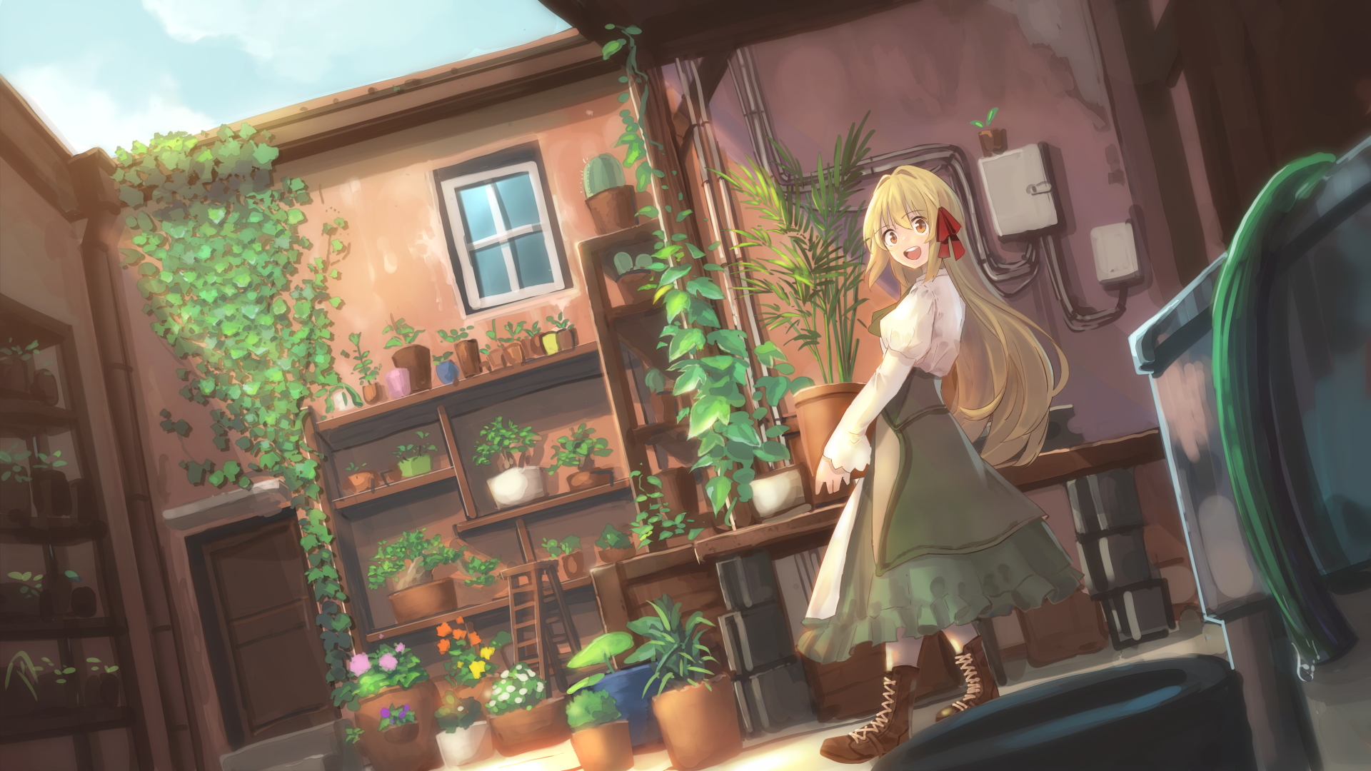 5K Ultra HD PC desktop wallpaper and background of a blonde, long‑haired anime girl tending potted plants in a sunlit rustic balcony/garden.