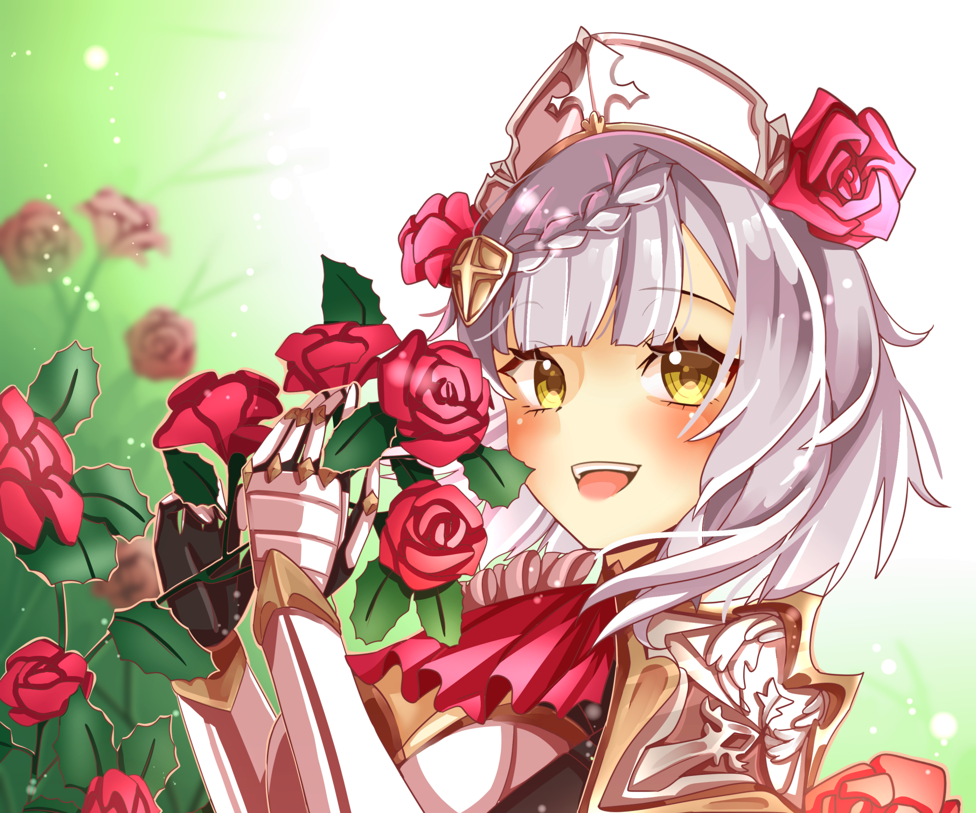 Noelle (Genshin Impact) in armor holding red roses, smiling with golden eyes and white hair against a soft green bloom — 2K Quad HD PC desktop wallpaper, video game Genshin Impact.