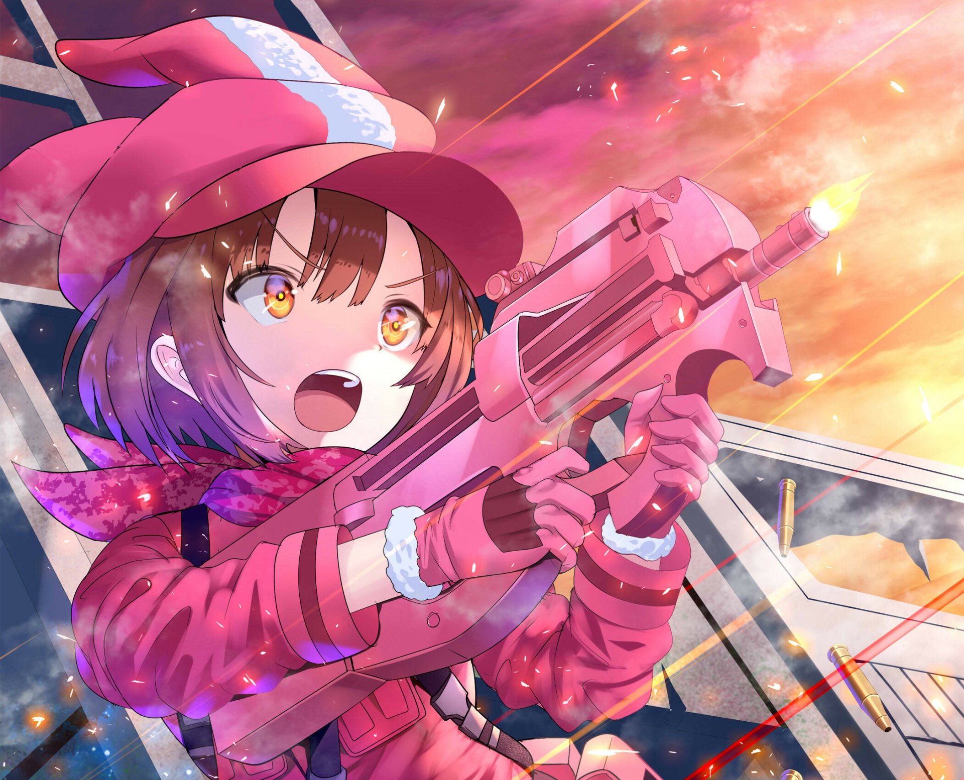 HD PC desktop wallpaper of LLENN (Karen Kohiruimaki) from Sword Art Online Alternative: Gun Gale Online — anime-style, pink-clad girl aiming a pink SMG amid a glowing sunset.