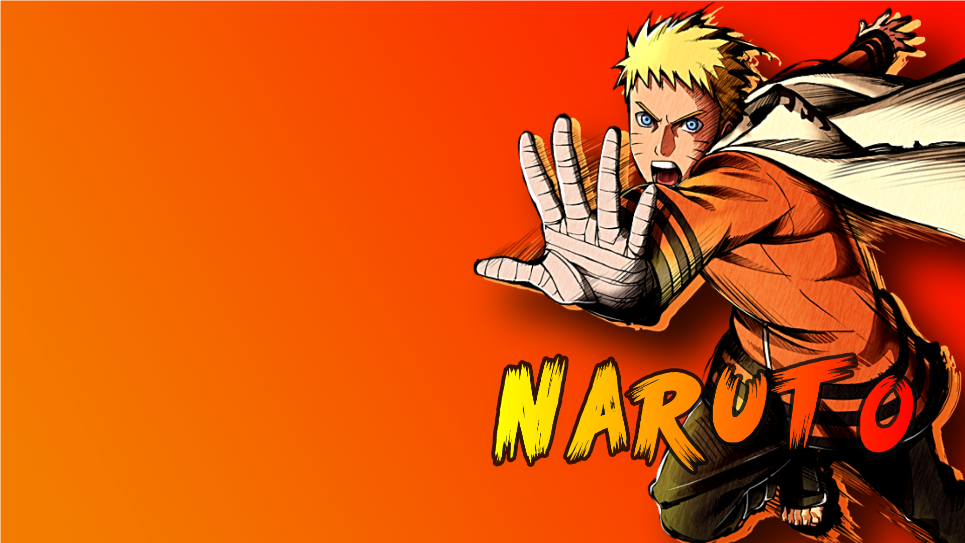 HD PC desktop wallpaper featuring Naruto Uzumaki from the anime Naruto, striking a dynamic pose against an orange background with bold Naruto text.