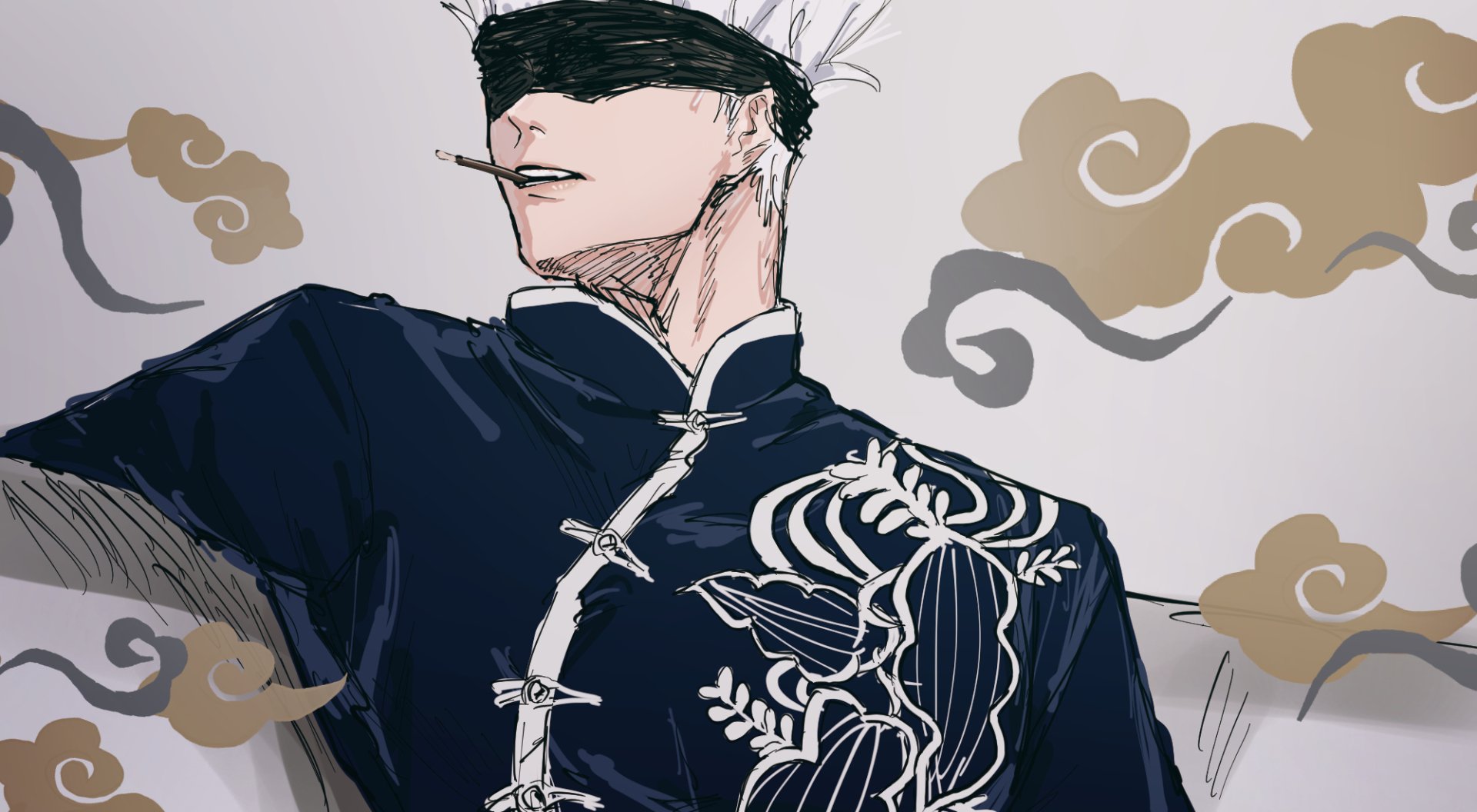 HD anime wallpaper featuring Satoru Gojo from Jujutsu Kaisen with white hair, wearing a blindfold and an embroidered dark outfit against a stylized cloud background.