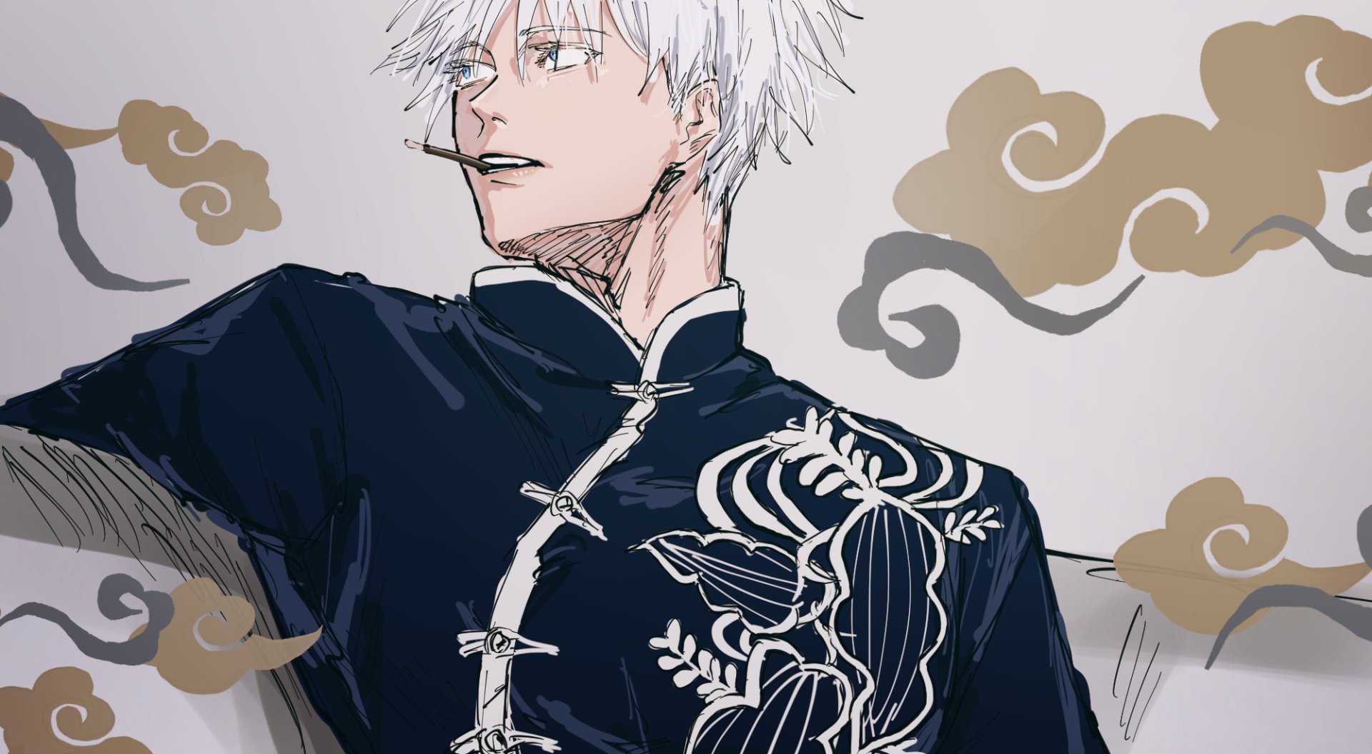 HD anime wallpaper of Satoru Gojo from Jujutsu Kaisen, featuring his white hair, striking blue eyes, and detailed dark outfit with intricate patterns.